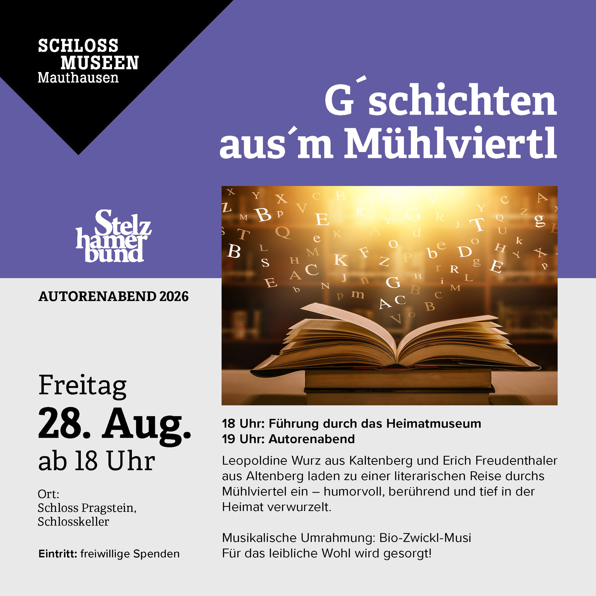 Plakat zum Autorenabend Gschichten aus dem Muehlviertl am 28. August 2026 im Schloss Pragstein